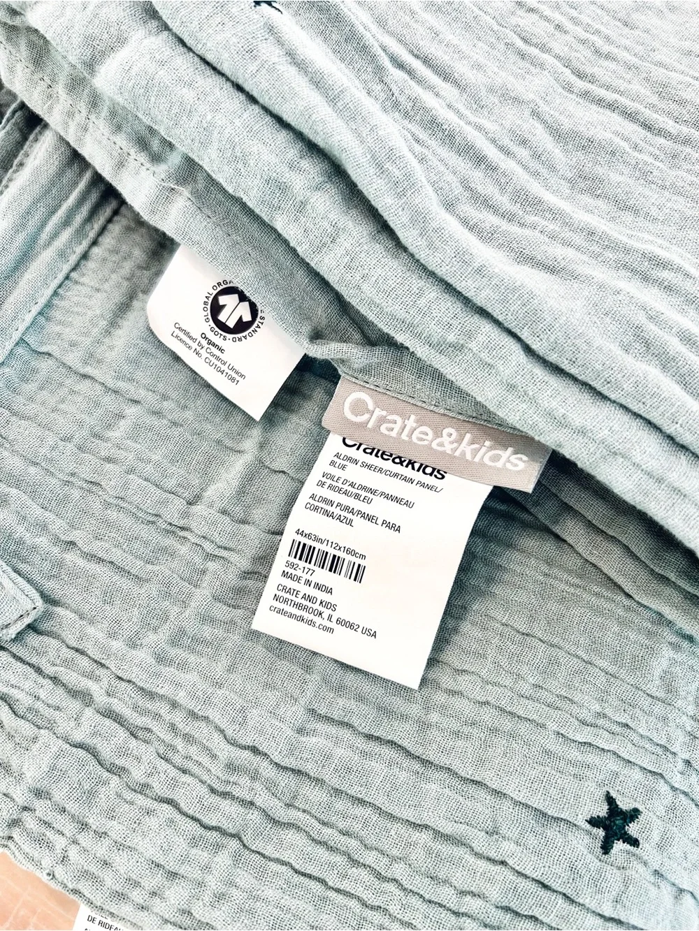 (2) NWOT Crate&Kids Aldrin Organic Cotton Star Sheer Curtain Panel - Blue